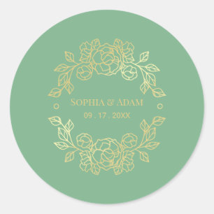 Sticker Rond Jade Florale Élégante Et Minimaliste Vert Et Or