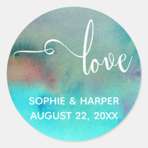 Sticker Rond J'adore la typographie, lavis d'aquarelle abstrait