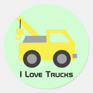 Sticker Rond J'adore les camions, véhicule jaune mignon pour le