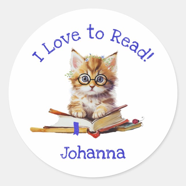 Sticker Rond J'adore lire avec un chaton mignon (Devant)