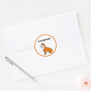 Sticker Rond J'adore mon chien Corgi brun et blanc de dessin an