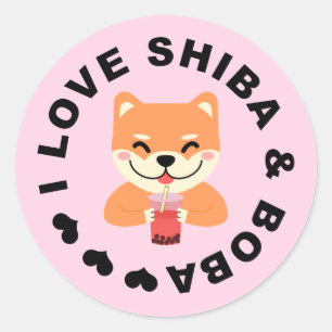 Sticker Rond J'ADORE SHIBA & BOBA - Adorable Shiba Inu et thé B