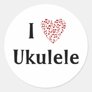 Sticker Rond J'adore Ukulele Cœur Rouge de Notes de Musique