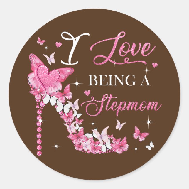 Sticker Rond J'Aime Être Stepmaman Papillons Haut Talon (Devant)