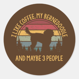 Sticker Rond J'aime le café mon Bernedoodle et peut-être 3 pers