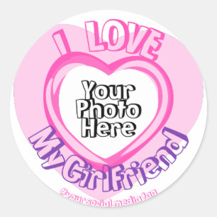 Sticker Rond J'aime ma petite amie Photo Valentines Coeur rose