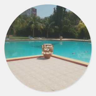 Sticker Rond J'Aime Mon Art Familial Au Bord De La Piscine