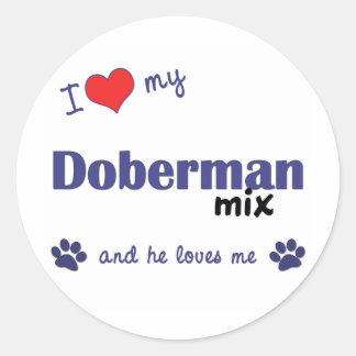 Sticker Rond J'Aime Mon Doberman Mix (Homme Chien)