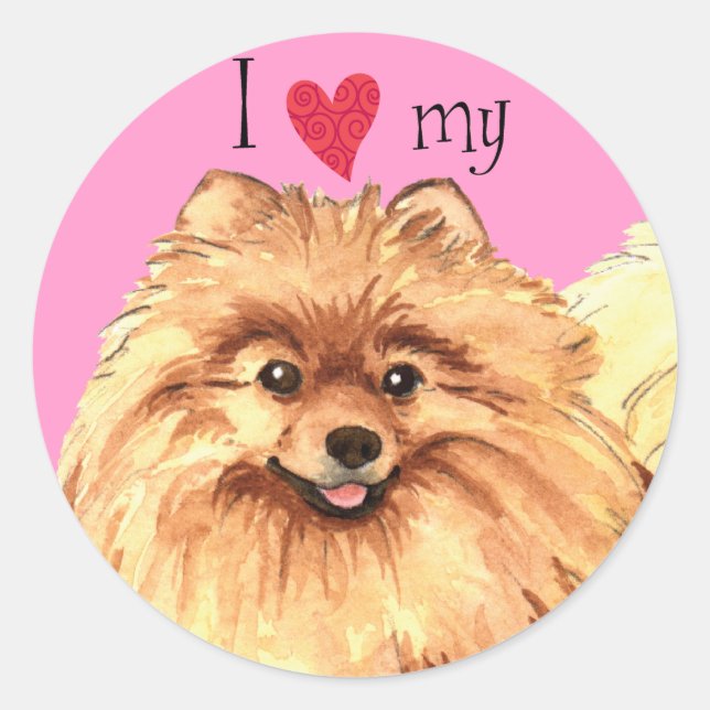 Sticker Rond J'aime mon Poméranien (Devant)