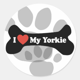 Sticker Rond J'Aime Mon Yorkie - Os De Chien