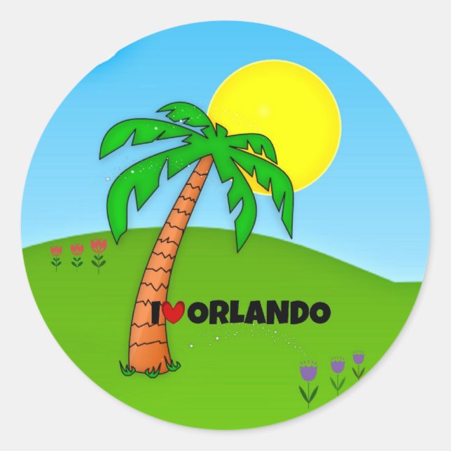 Sticker Rond J'aime Orlando, Palmiers et soleil, (Devant)