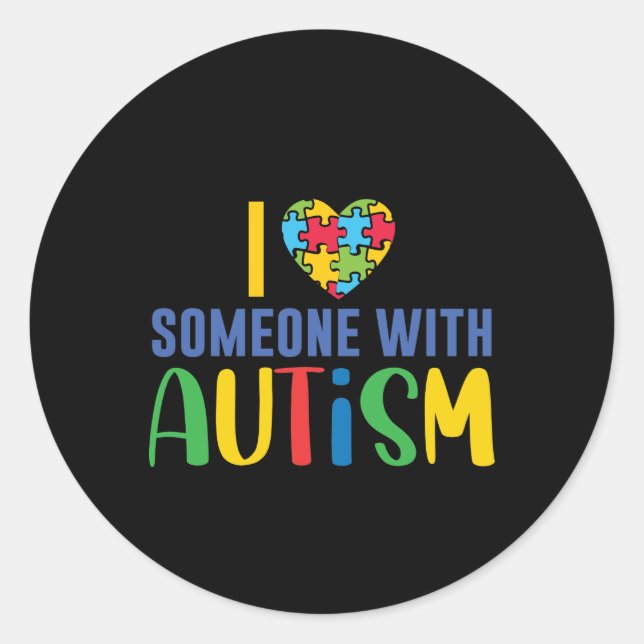 Sticker Rond J'Aime Quelqu'Un Avec Autisme Coeur Puzzle Pièce (Devant)