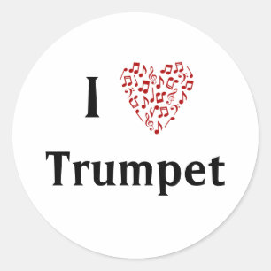 Sticker Rond J'aime Trompette Cœur Rouge de Notes de Musique