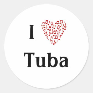 Sticker Rond J'aime Tuba Rouge Cœur de Notes de Musique