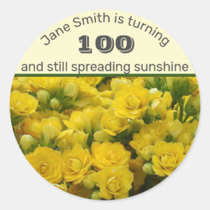 Sticker Rond Jalon Anniversaire Fleurs Jaunes Lumineuses 100e