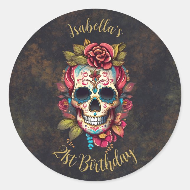 Sticker Rond Jalon du crâne de sucre floral Anniversaire (Devant)