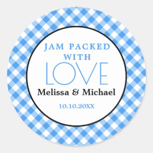 Sticker Rond Jam Emballé Avec Amour Bleu En vichy Mariage Faveu