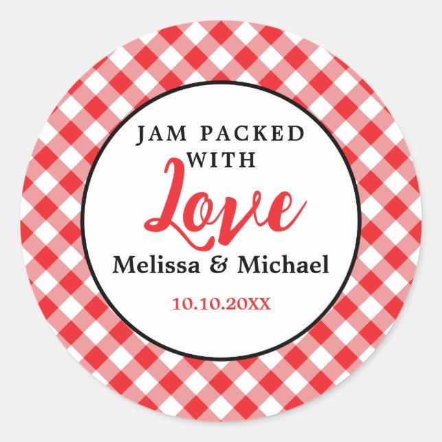Sticker Rond Jam Emballé Avec Amour Mariage Favor En vichy Roug (Devant)