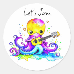 Sticker Rond Jam   Octopus Jouer Guitare Acoustique
