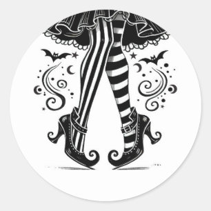 Sticker Rond Jambes de sorcière noir et blanc Fête fantaisiste 