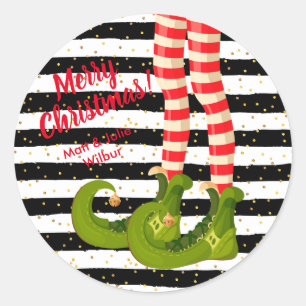 Sticker Rond Jambes d'elfe sur rayures Joyeux Noël