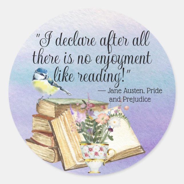 Sticker Rond Jane Austen Livre Lecture Citation Aquarelle Fleur (Devant)