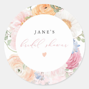 Sticker Rond JANE Blush Floral Petals & Prosecco Baby Shower de