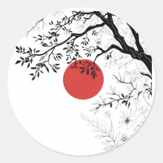 Sticker Rond Japanese Red Sun & Brush Tree Art