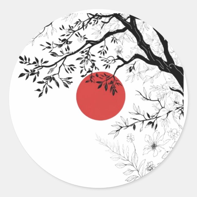 Sticker Rond Japanese Red Sun & Brush Tree Art (Devant)