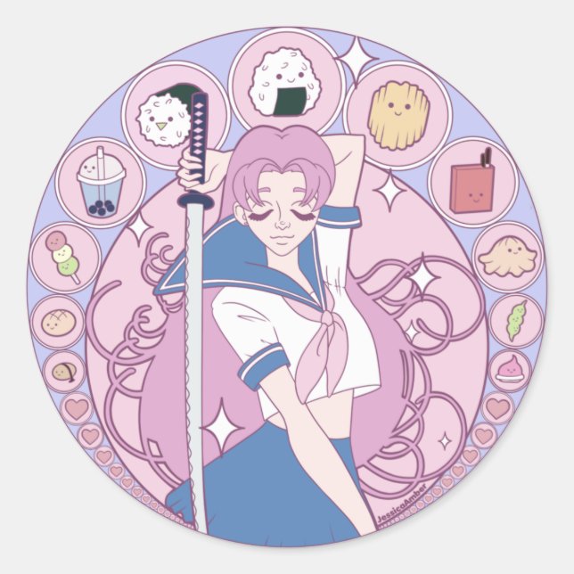 Sticker Rond Japon Rose Anime Schogirl Art Nouveau (Devant)