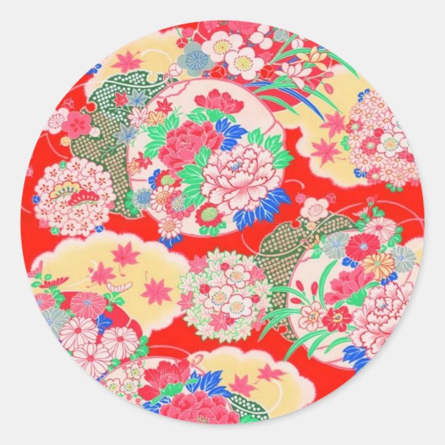 Sticker Rond Japon, Sakura, Kimono, Origami, Chiyogami, Fleur, (Devant)