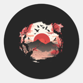 Sticker Rond Japonais Inspiré Sakura Avec Le Soleil De Montagne