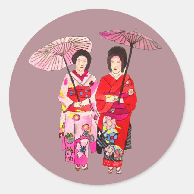 Sticker Rond Japonais mignon Geisha avec kimono rose (Devant)