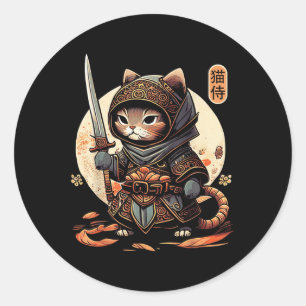 Sticker Rond Japonais Samurai Chat Tattoo Kawaii Ninja Chat