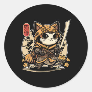 Sticker Rond Japonais Samurai Chat Tattoo, Kawaii Ninja Chat _3
