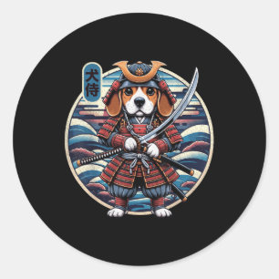 Sticker Rond Japonais Samurai Chien Tattoo, Beagle Kawaii Ninja