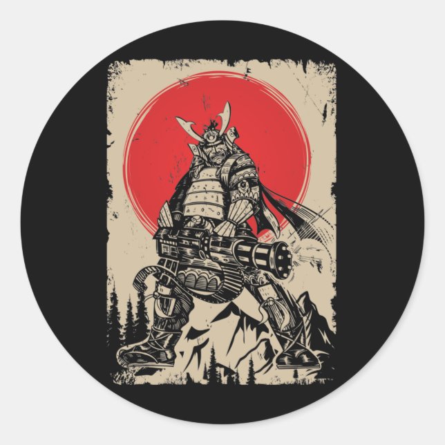 Sticker Rond Japonais Samurai Guerrier avec pistolet (Devant)