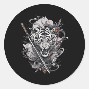 Sticker Rond Japonais Samurai Ronin épée Katana Japon Tiger Ta