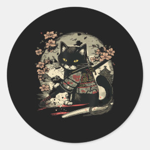 Sticker Rond Japonais tatouage de chats Samurai, Vintage Kawaii