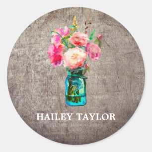 Sticker Rond Jar de Mason rustique avec nom de fleurs
