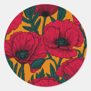Sticker Rond Jardin aux coquelicots rouges