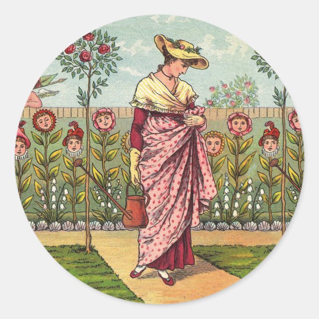 Sticker Rond Jardin Cultivation Flower Woman Art Antique (Devant)