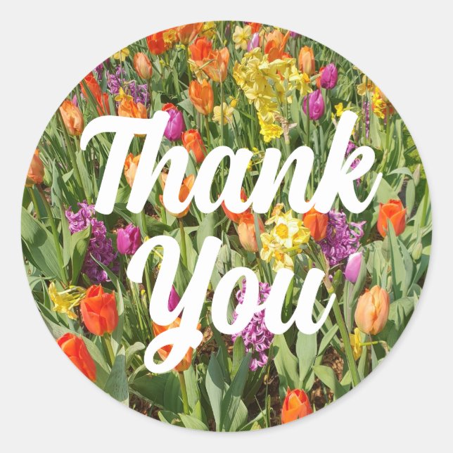 Sticker Rond Jardin de fleurs de tulipes vibrantes Merci (Devant)
