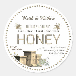 Sticker Rond Jardin de miel ruches d'abeilles et petit jardin d