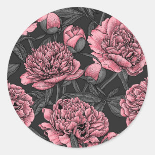 Sticker Rond Jardin de pivoine nocturne rose et gris