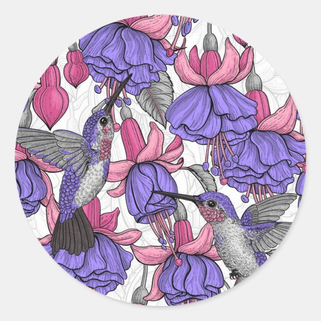 Sticker Rond Jardin des colibris en rose et rose (Devant)