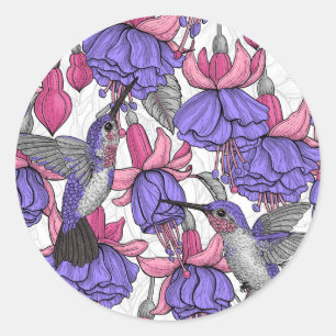 Sticker Rond Jardin des colibris en rose et rose