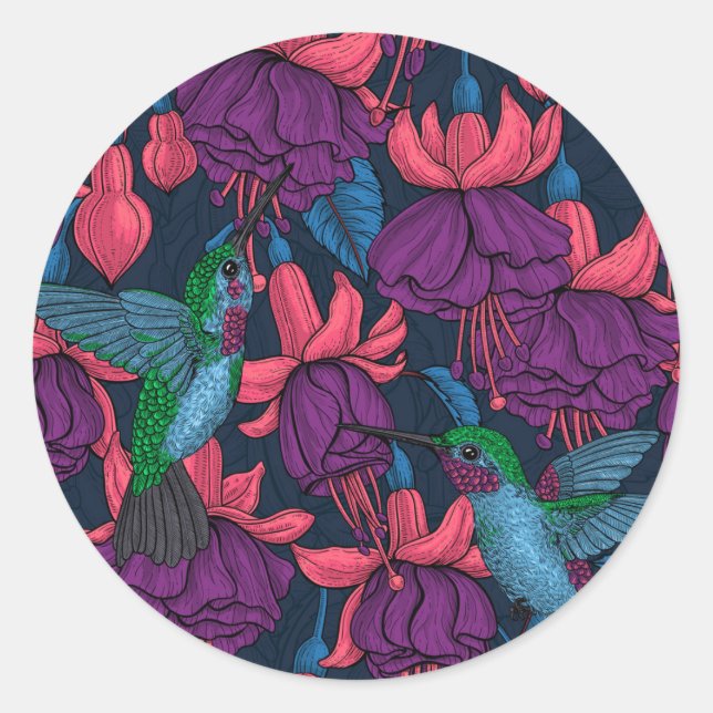 Sticker Rond Jardin des colibris en violet et bleu (Devant)