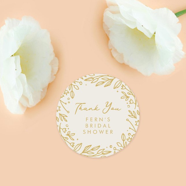 Sticker Rond Jardin Floral Doré Doux Remerciement de Mariage (Golden botanical Thank You stickers from the Gilded Garden bridal shower suite.)