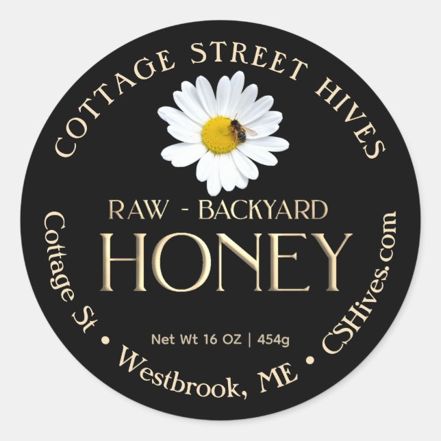 Sticker Rond Jardin Hives Honey Daisy et Bee on Black (Devant)